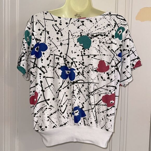 Vtg 70s/80s Jessica Scott Floral Print Black Paint Splatter Cap Sleeve Knit Top - Picture 6 of 7
